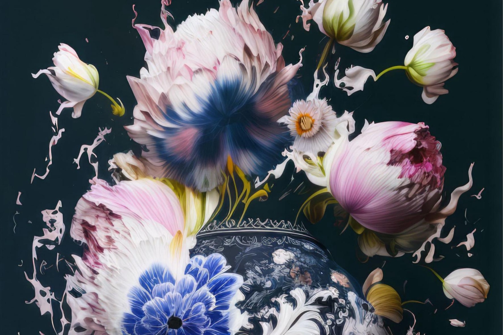 Maatwerkontwerp voor akoestische room divider: barokke bloementaferelen in pastel en Delfts blauw
